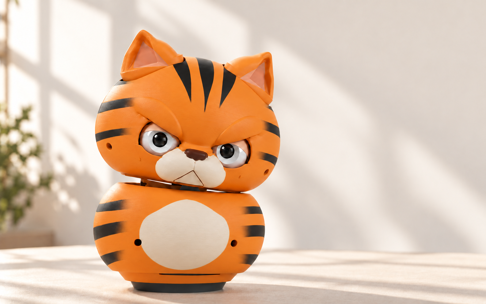 Orange Kira character with a gently tilted head and an upright body, in warm natural light