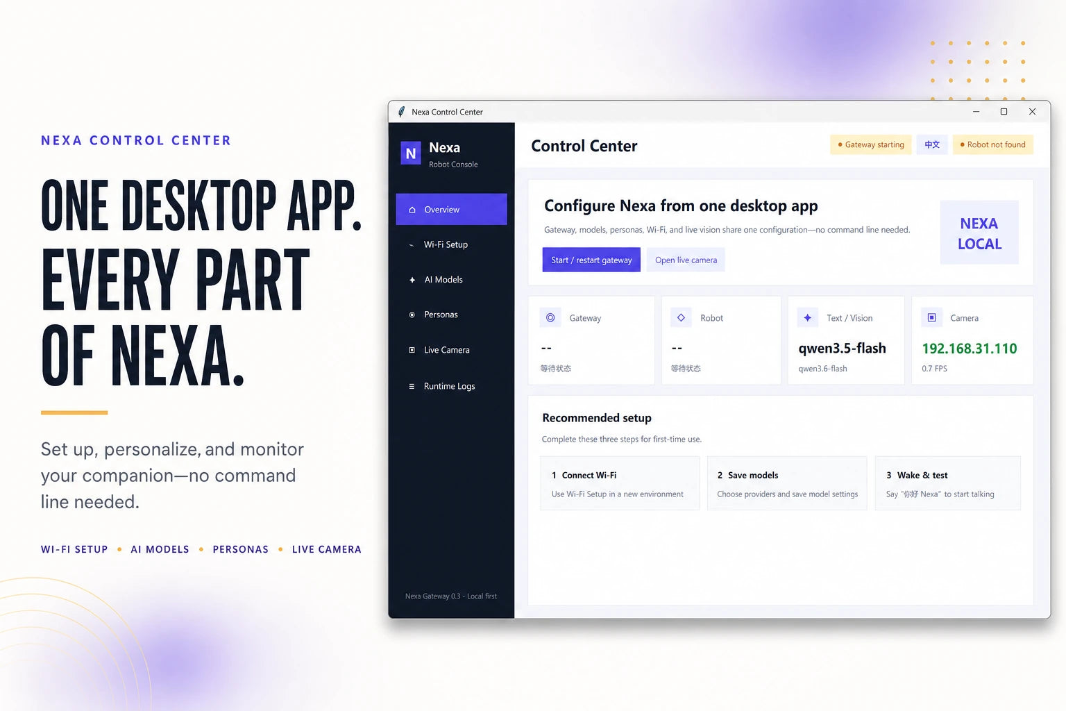 Nexa Control Center overview with device settings and live status