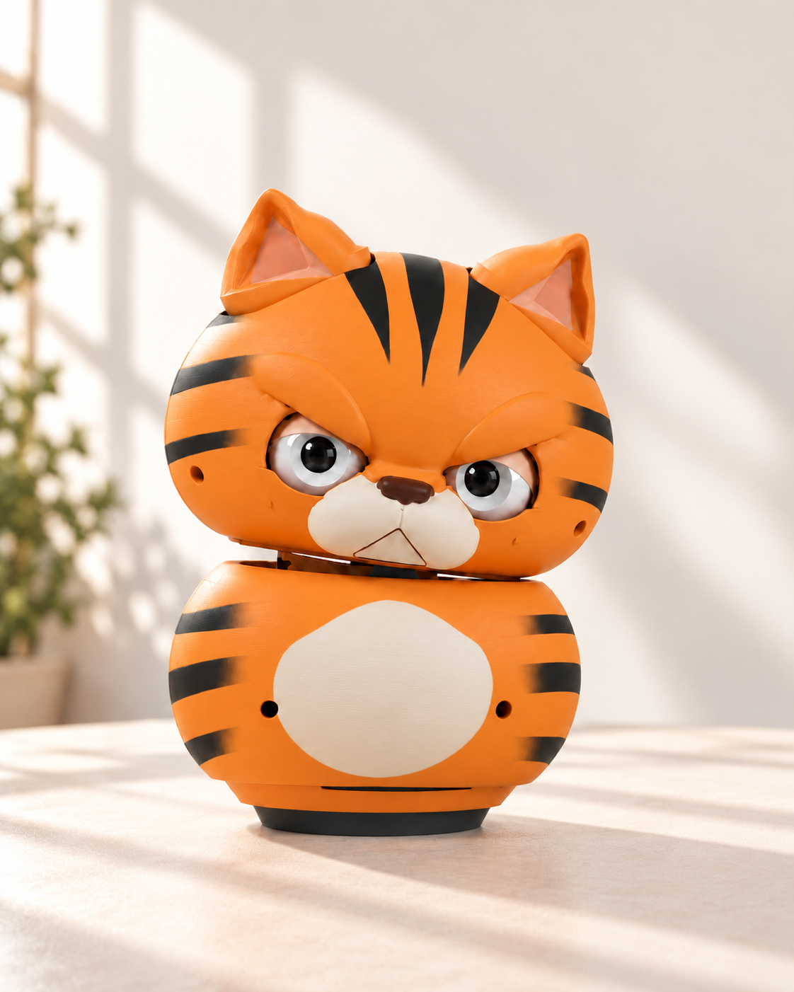 Design preview of orange Kira with matching orange eyelids, an upright body and base, and a gently tilted head in warm natural light.